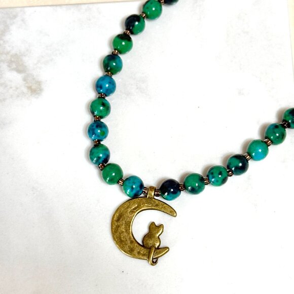Teal Chrysocolla Short Necklace, Genuine Gemstone & Bronze Cat on the Moon Charm - Picture 5 of 13